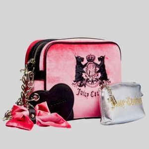 Juicy Couture Hollyhock Candy Pink Velour & Black Faux Leather Crossbody Bag